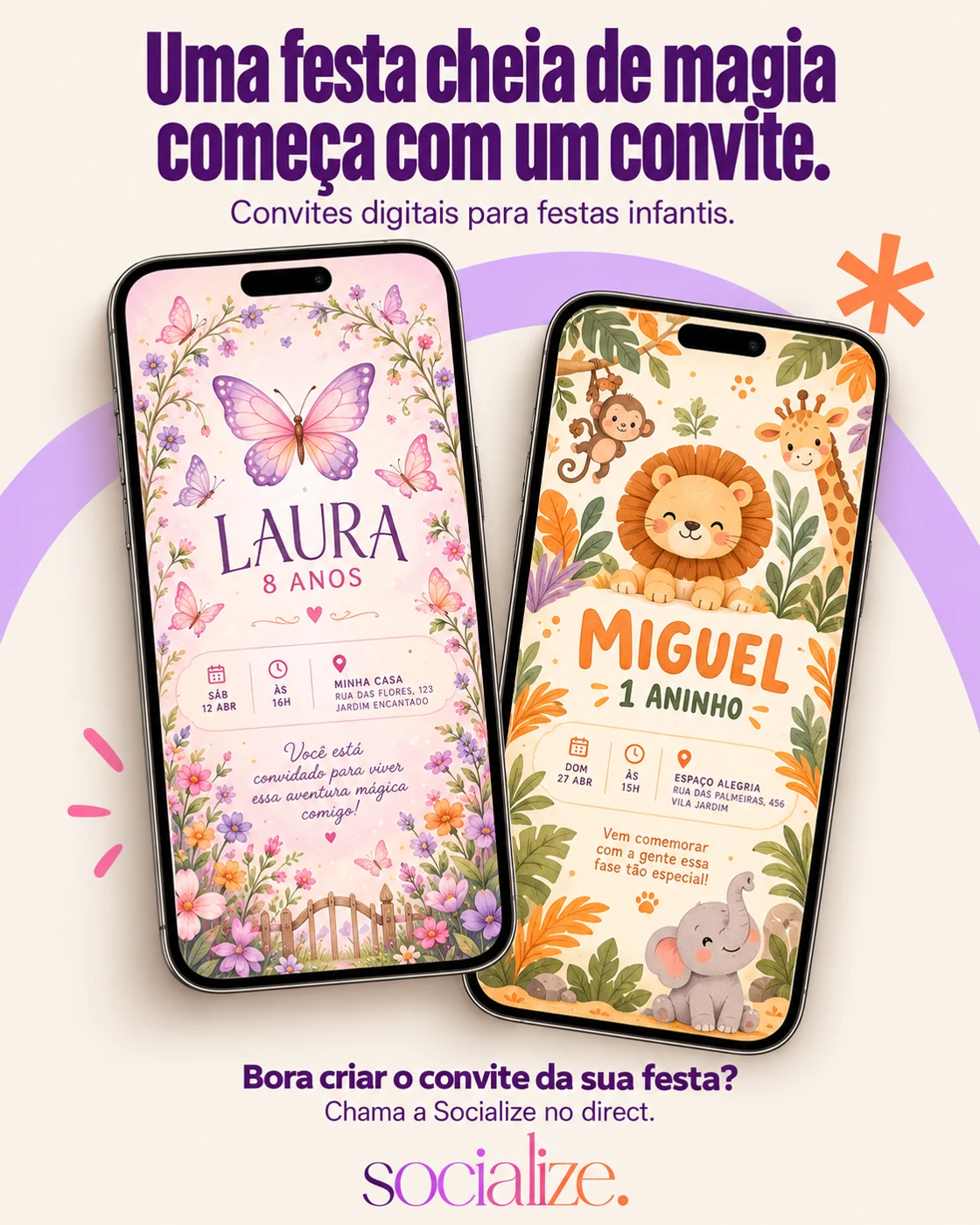 Exemplos de convites digitais infantis nos temas jardim e safári