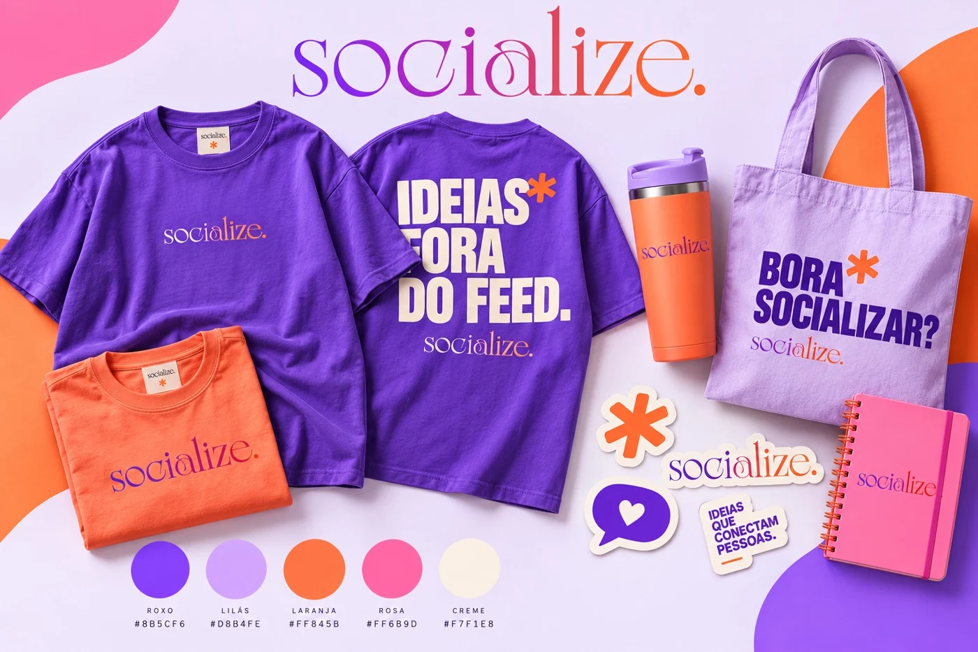 Identidade Socialize em camisetas, ecobag, garrafa e papelaria