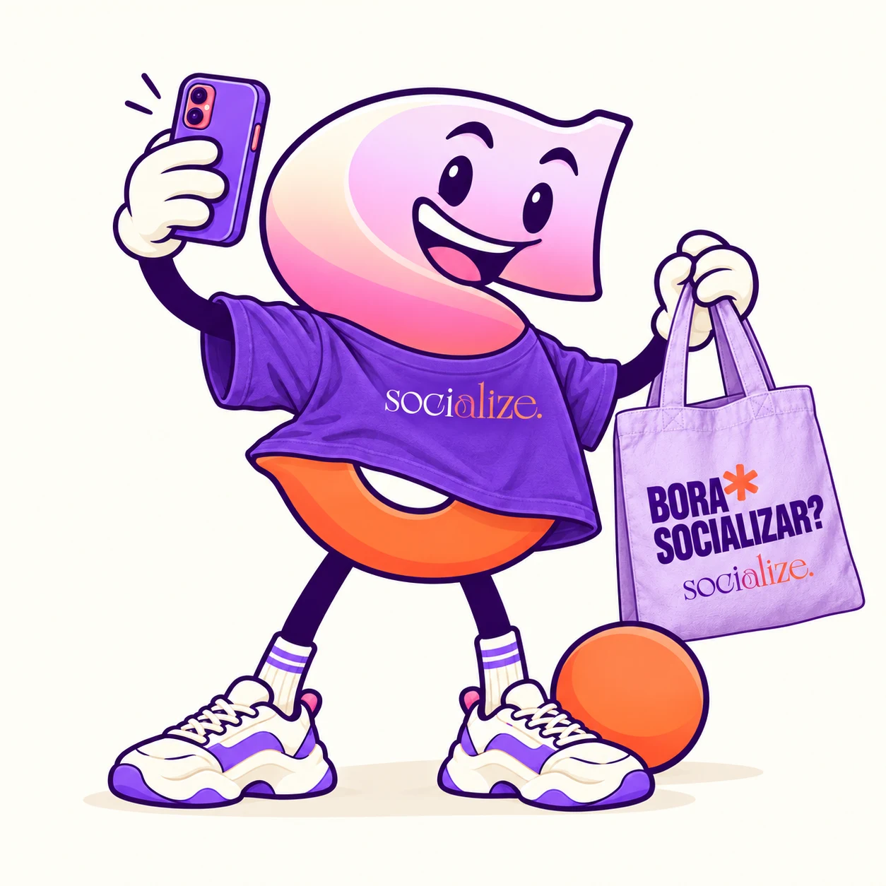 Nosso mascote S com celular, camiseta e ecobag da Socialize